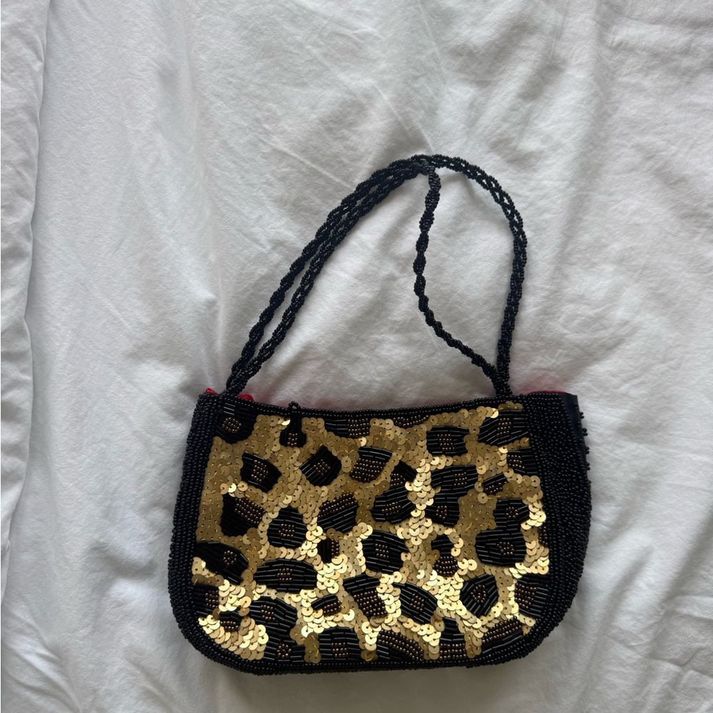 Inge Christopher Black & Gold Leopard Print Sequin Beaded Shoulder Bag - Women